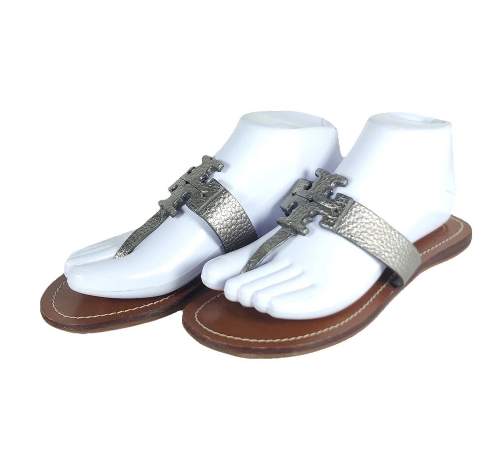 Tory Burch Women's Moore US 7M Metalic Pewter Leather SlipOn Flat Thong Sandals